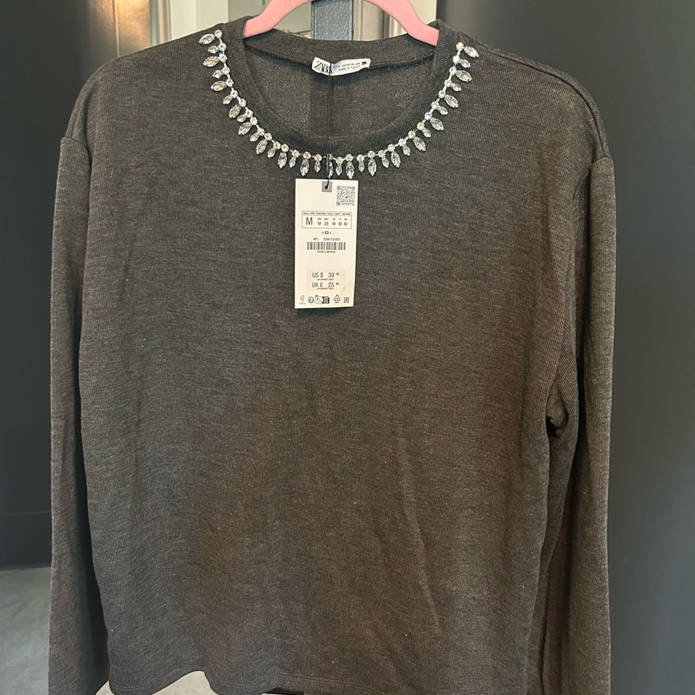 Zara Dark Gray Jewel-Neck Long Sleeve Sweatshirt